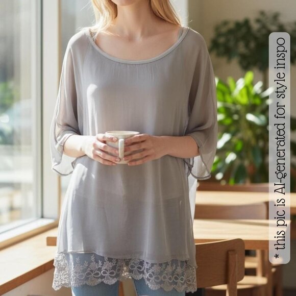 H.Trend Taupe Sheer Silk Romantic Lace-Trim Tunic Blouse - Women's M - Picture 1 of 7